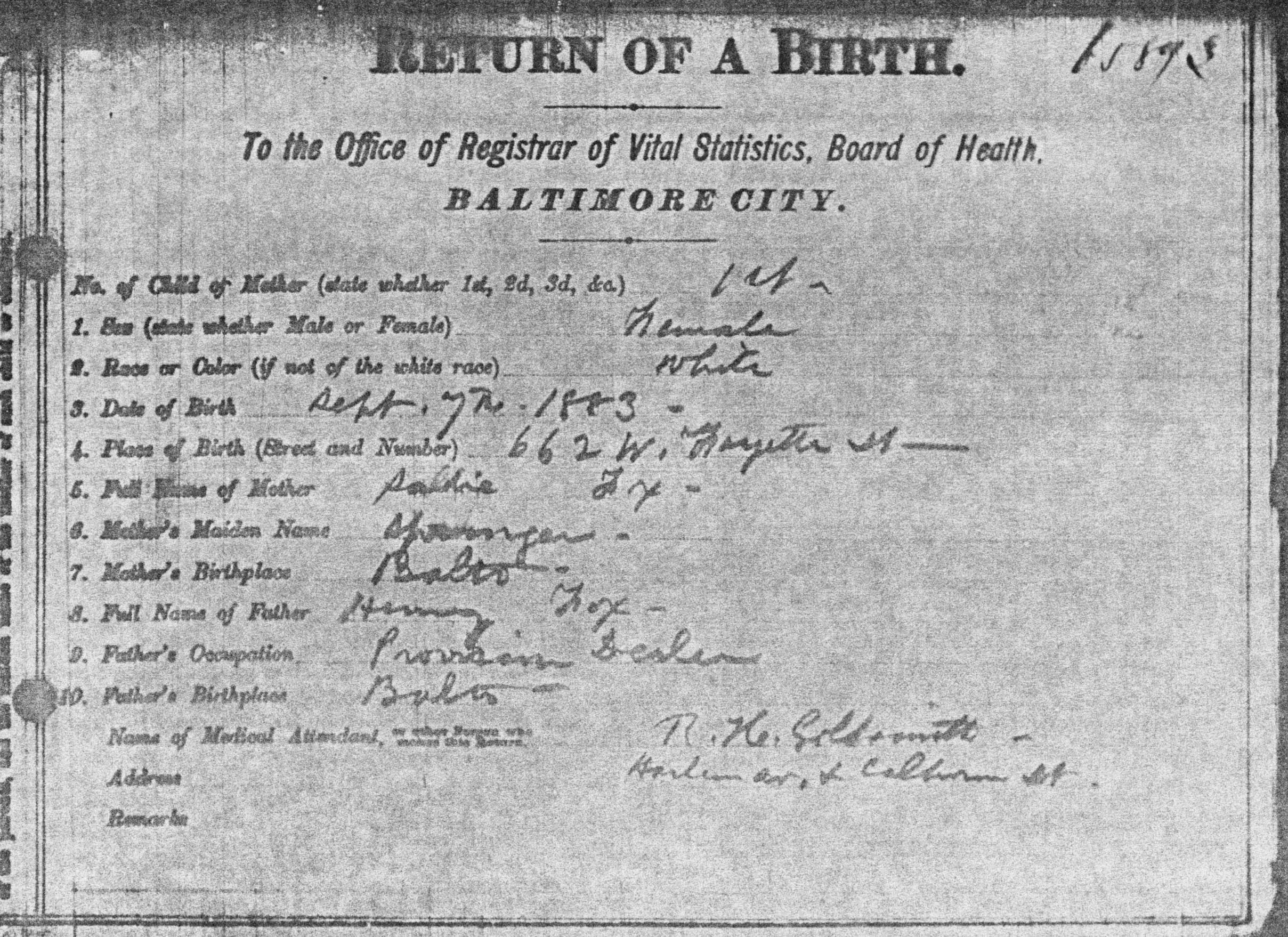 Elsie Fox's Birth Record