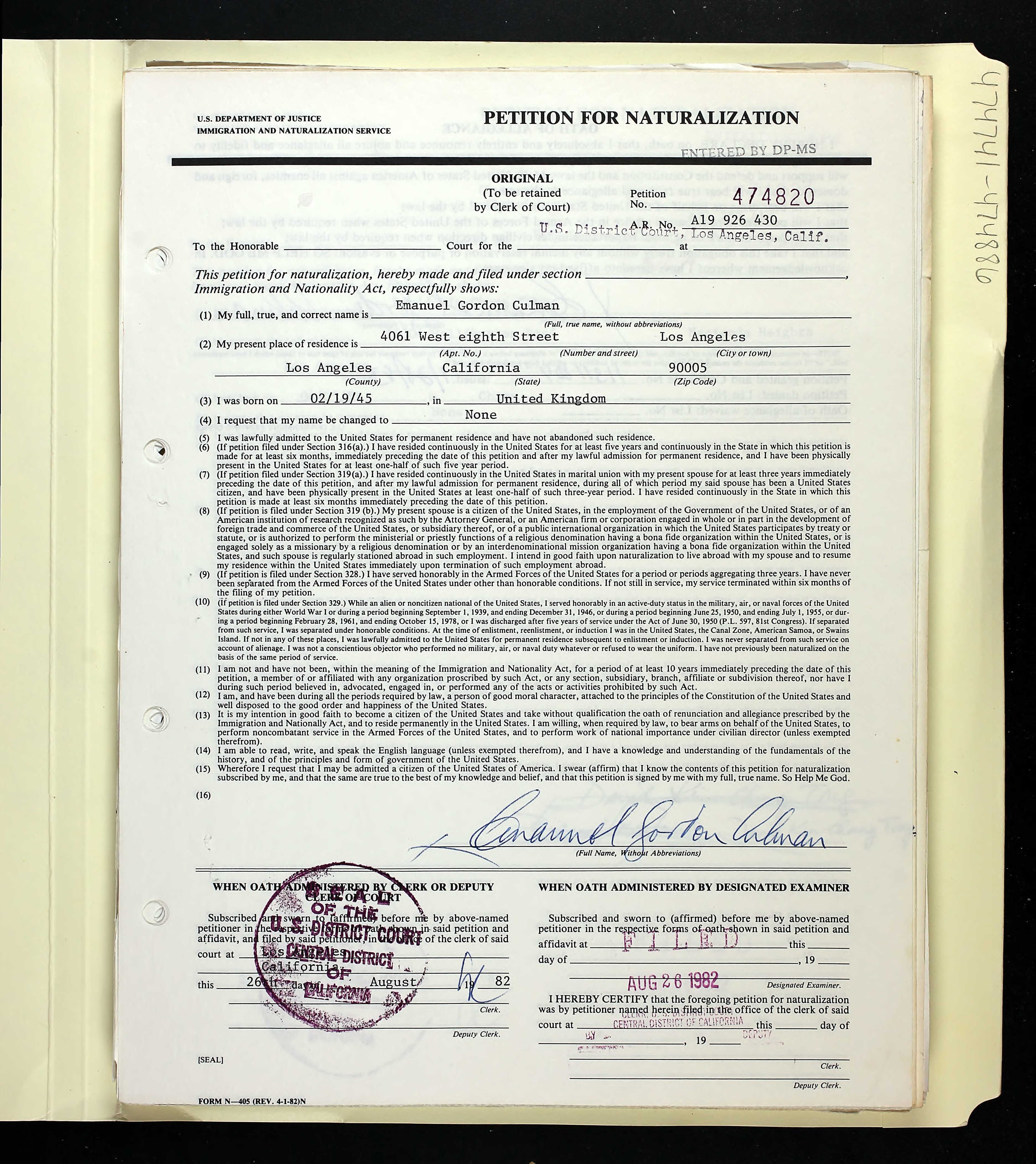 Naturalization Record, Emanuel G. Culman, 1982