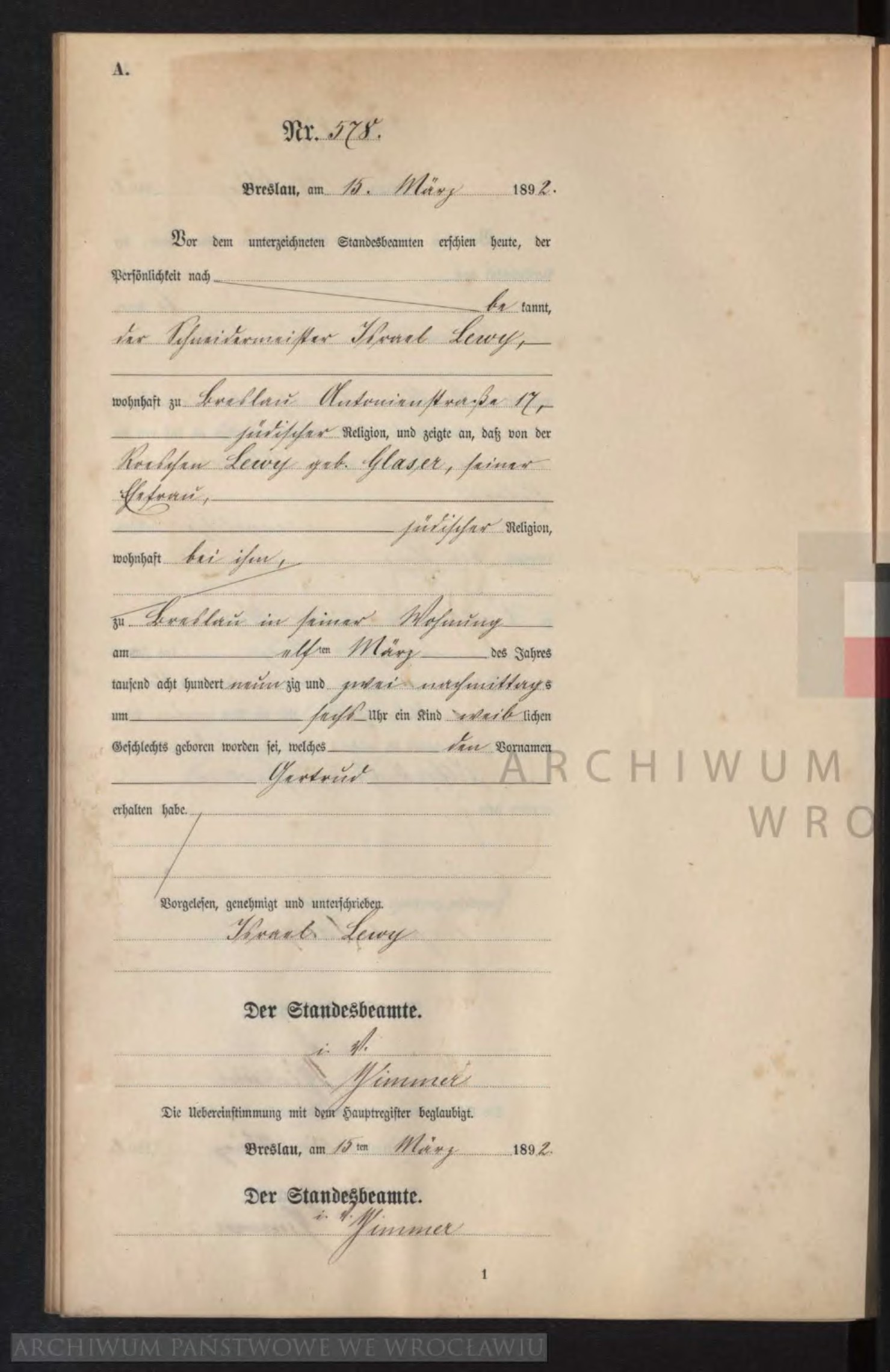 Gertrud Lewy Birth Record