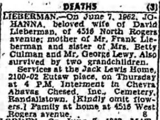 Death Notice, Baltimore Sun, 8 Jun 1962