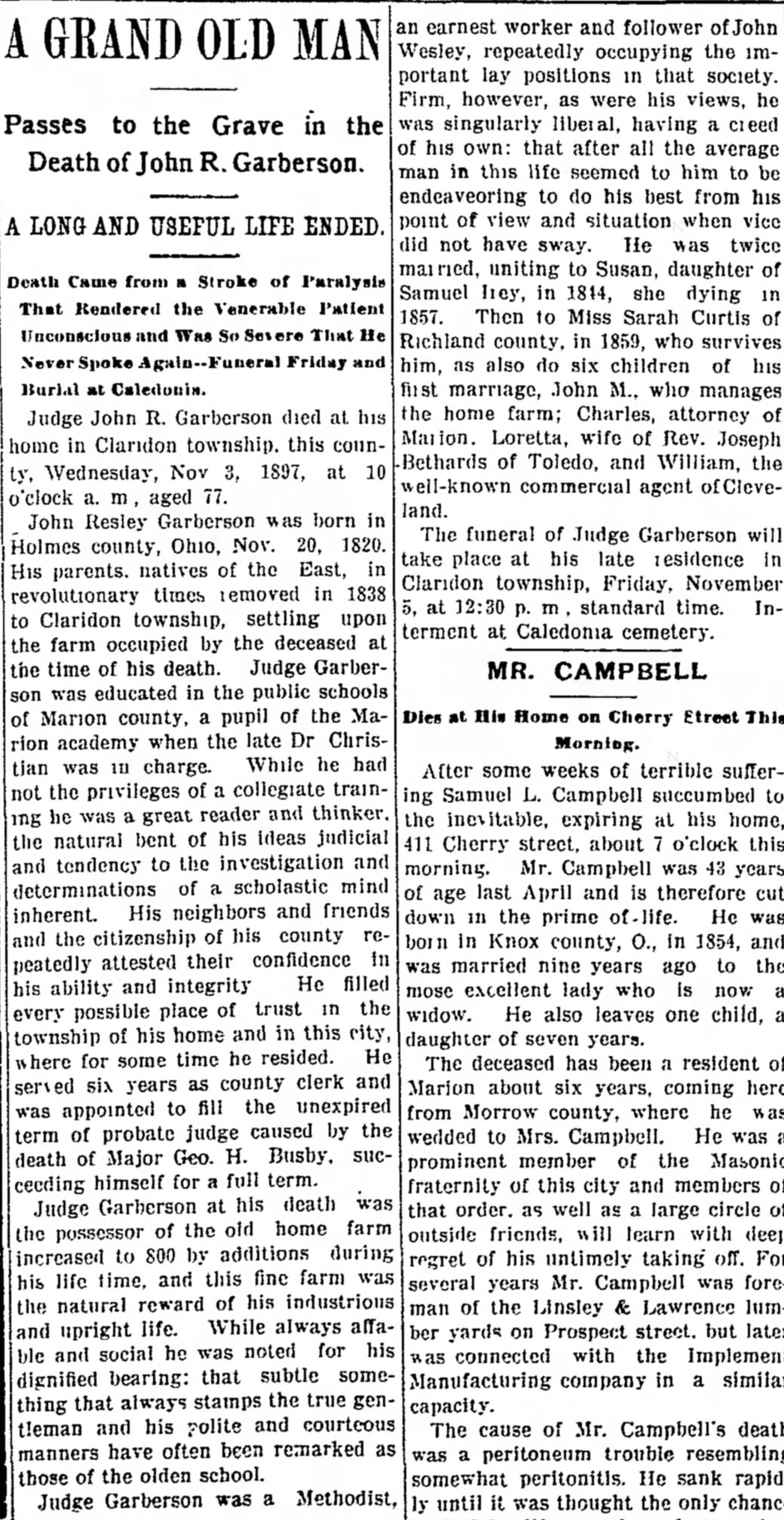 Obituary, Marion Star, 4 Nov 1897